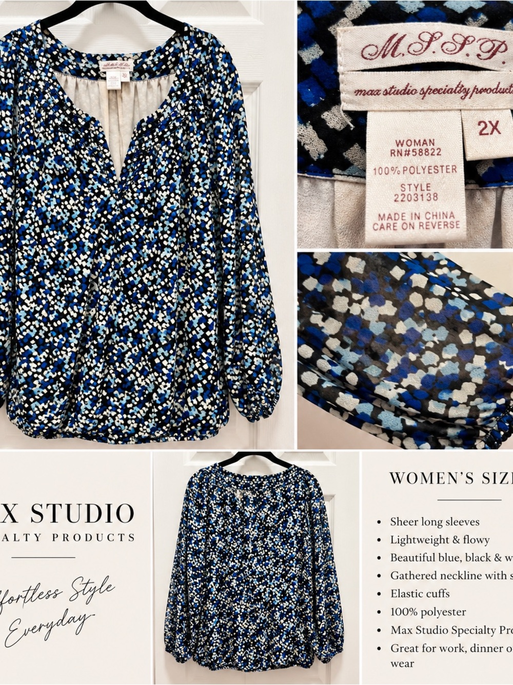 Max Studio Specialty Products 2X Blue Abstract Print Sheer Sleeve Blouse